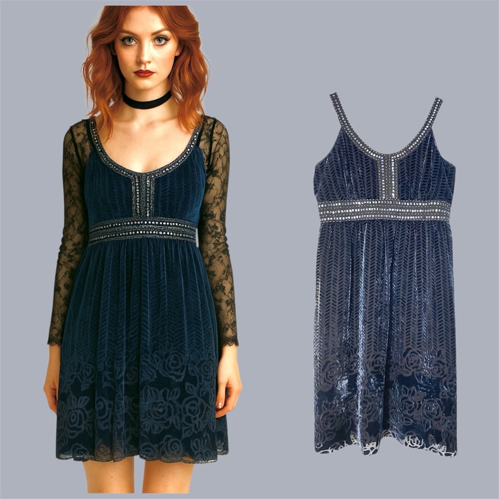 Velvet Burnout Silk Sequin Babydoll Dress Blue Gothic Vintage Holiday Party 8